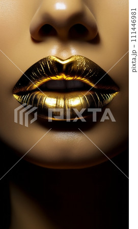 Women's lips close-up with gold lipstick, sexy lips 111446981