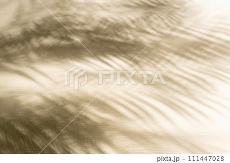 The shadow of a palm tree branch on the sand of a sandy tropical beach. Background, copy space, travel, summer concept. 111447028