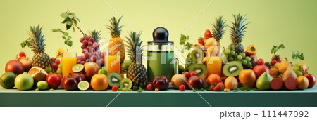 Mixer blender with fresh fruit on the table, making juice and smoothies from seasonal fresh fruit, banner, healthy drink and lifestyle 111447092