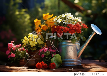Beautiful colorful variety of spring and summer flowers in pots and a watering can on the patio Beautiful colorful variety of spring and summer flowers in pots and a watering can on the patio 111447167