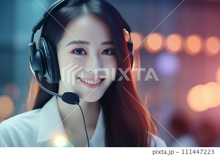 Smiling Asian girl with headphones and microphone in a call center 111447223