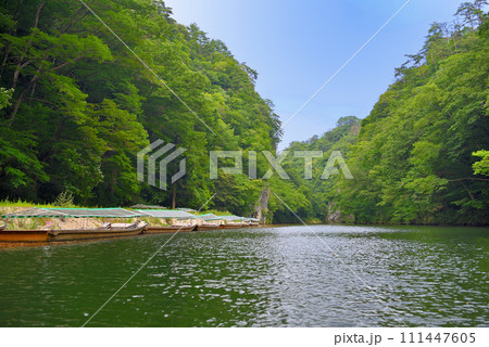 東北・猊鼻渓・舟下り・茶席舟や冬のこたつ舟が並ぶ、川岸を進む舟のイメージ・岩手県一関市(2) 東北・猊鼻渓・舟下り・茶席舟や冬のこたつ舟が並ぶ、川岸を進む舟のイメージ・岩手県一関市(2) 111447605