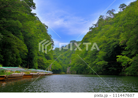 東北・猊鼻渓・舟下り・茶席舟や冬のこたつ舟が並ぶ、川岸を進む舟のイメージ・岩手県一関市(4) 東北・猊鼻渓・舟下り・茶席舟や冬のこたつ舟が並ぶ、川岸を進む舟のイメージ・岩手県一関市(4) 111447607