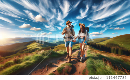 山登りをするカップル 111447785