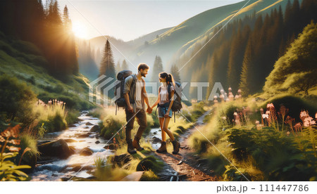 山登りをするカップル 111447786