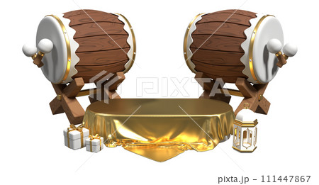 3D illustration of ramadan kareem with empty podium, traditional drum, arabic lantern, and gift box. 3D rendering 3D illustration of ramadan kareem with empty podium, traditional drum, arabic lantern, and gift box. 3D rendering 111447867