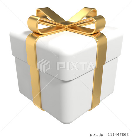 White gift box with gold ribbon. Realistic white paper gift box with golden ribbon bow. Holiday or seasonal discount decorative elements. 3D rendering 111447868