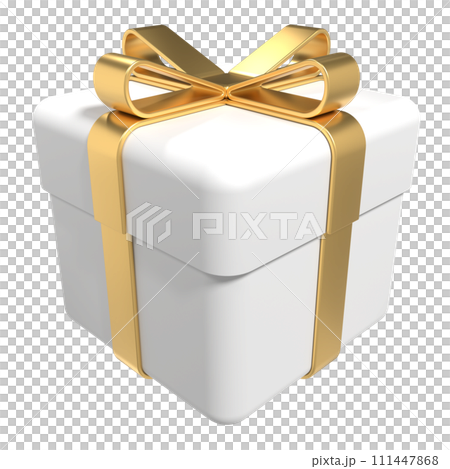 White gift box with gold ribbon. Realistic white paper gift box with golden ribbon bow. Holiday or seasonal discount decorative elements. 3D rendering 111447868