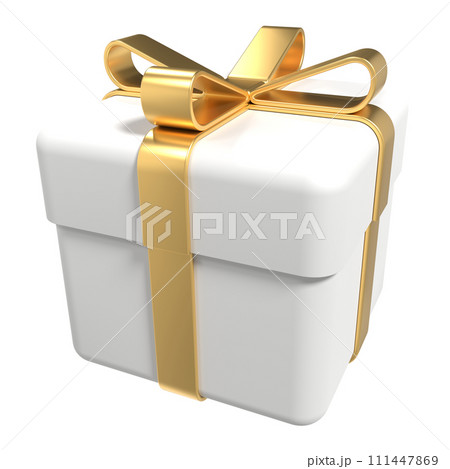 White gift box with gold ribbon. Realistic white paper gift box with golden ribbon bow. Holiday or seasonal discount decorative elements. 3D rendering 111447869