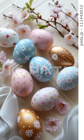 Easter eggs of pastel colors. Light wooden surface, spring flowers, and satin ribbons. AI Generated 111448032
