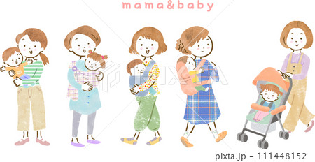 子供を抱っこ紐やベビーカーで運ぶママたちのかわいい手描きイラストセット 子供を抱っこ紐やベビーカーで運ぶママたちのかわいい手描きイラストセット 111448152