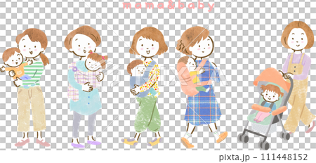 子供を抱っこ紐やベビーカーで運ぶママたちのかわいい手描きイラストセット 子供を抱っこ紐やベビーカーで運ぶママたちのかわいい手描きイラストセット 111448152