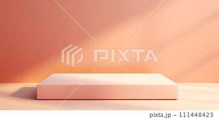 サーモンピンクの背景と四角い展示台がある横長抽象バナー。AI生成画像 111448423