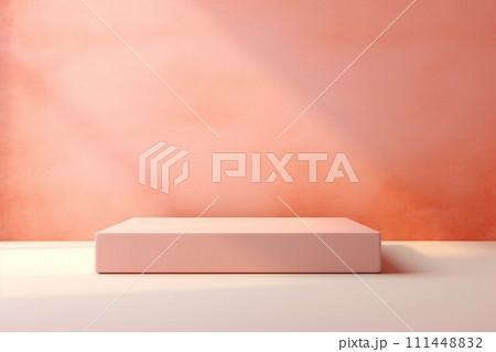 ピンクの背景に床と四角い展示台がある抽象テンプレート。AI生成画像 111448832