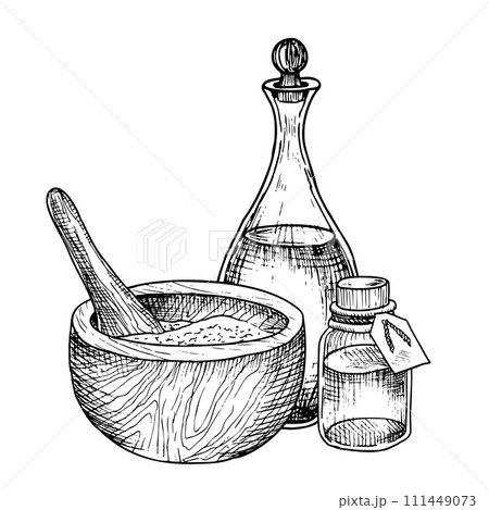 Mortar and pestle with vintage flacons. Vector illustration of retro bottles for health care and medicine. Eco cosmetic products for treatment and skincare painted by black inks. Linear drawing. 111449073