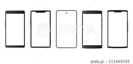 白い画面のスマートフォンの枠フレーム、いろいろな形の携帯電話機種のコレクション、スマホのラインナップ 111449195