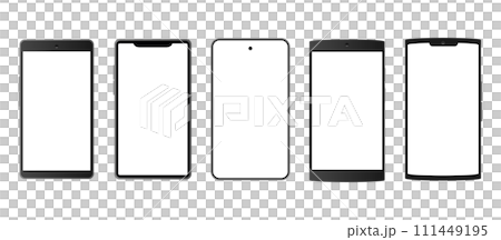 白い画面のスマートフォンの枠フレーム、いろいろな形の携帯電話機種のコレクション、スマホのラインナップ 111449195