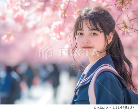 桜と笑顔の女子学生 111449237