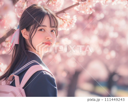 桜と笑顔の女子学生 桜と笑顔の女子学生 111449243