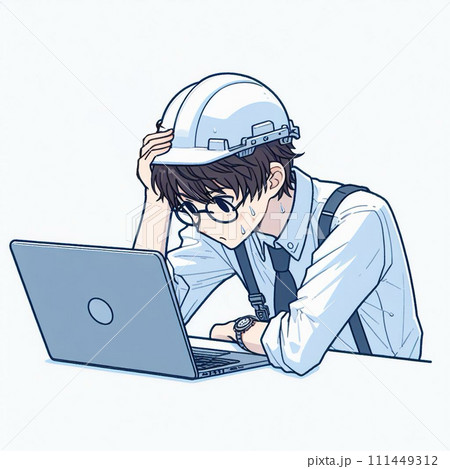 ノートパソコンの前で頭を抱える若い男性のエンジニアのシンプルなイラスト 111449312
