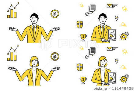 スーツ姿の男性と女性のシンプルな線画イラスト、DXで業務改善セット 111449409