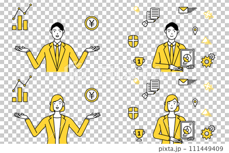 スーツ姿の男性と女性のシンプルな線画イラスト、DXで業務改善セット 111449409