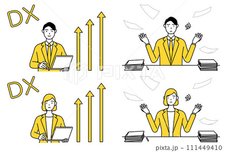 スーツ姿の男性と女性のシンプルな線画イラスト、DXで業務改善するビフォーアフターセット スーツ姿の男性と女性のシンプルな線画イラスト、DXで業務改善するビフォーアフターセット 111449410