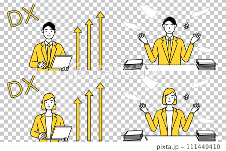 スーツ姿の男性と女性のシンプルな線画イラスト、DXで業務改善するビフォーアフターセット スーツ姿の男性と女性のシンプルな線画イラスト、DXで業務改善するビフォーアフターセット 111449410