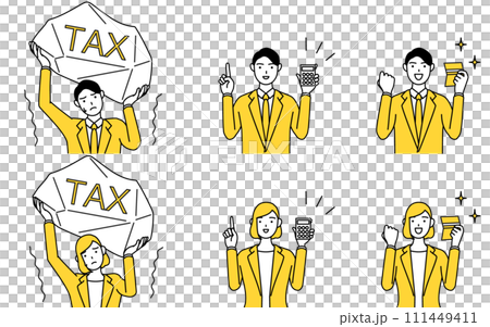 Simple line drawing illustration of a man and woman in suits, tax, accounting, and investment image set 111449411