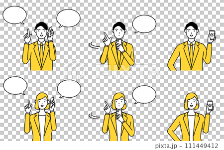 スーツ姿の男性と女性のシンプルな線画イラスト、スマホで仕事をするポーズセット 111449412