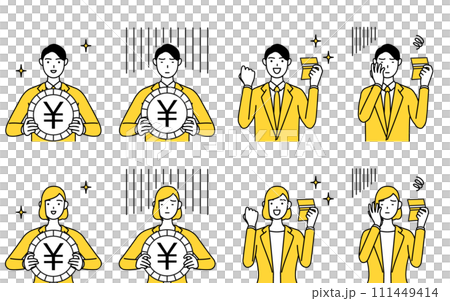 スーツ姿の男性と女性のシンプルな線画イラスト、投資の円安・円高の為替変動と貯金残高の増減のイメージセ スーツ姿の男性と女性のシンプルな線画イラスト、投資の円安・円高の為替変動と貯金残高の増減のイメージセ 111449414