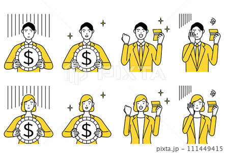 スーツ姿の男性と女性のシンプルな線画イラスト、投資のドル安・ドル高の為替変動と貯金残高の増減のイメー 111449415