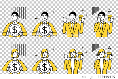 スーツ姿の男性と女性のシンプルな線画イラスト、投資のドル安・ドル高の為替変動と貯金残高の増減のイメー 111449415
