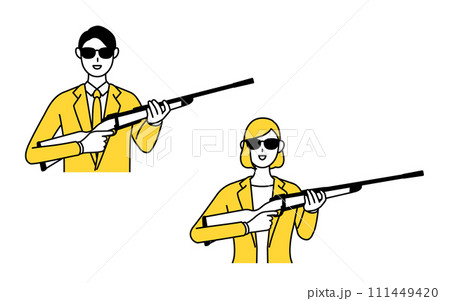 スーツ姿の男性と女性のシンプルな線画イラスト、サングラスをかけてライフル銃を持つ狙撃手 111449420