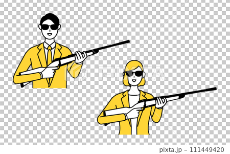 スーツ姿の男性と女性のシンプルな線画イラスト、サングラスをかけてライフル銃を持つ狙撃手 111449420
