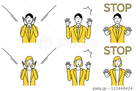 スーツ姿の男性と女性のシンプルな線画イラスト、宣伝・びっくり・禁止のセット 111449424