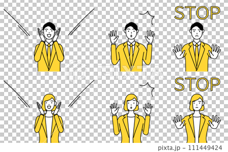 スーツ姿の男性と女性のシンプルな線画イラスト、宣伝・びっくり・禁止のセット 111449424