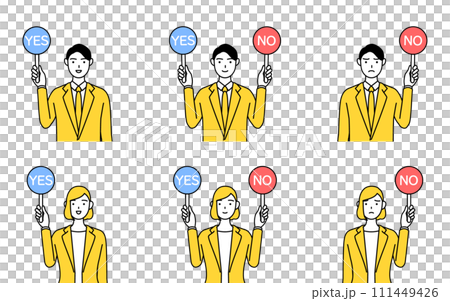 スーツ姿の男性と女性のシンプルな線画イラスト、試験の解答、正解と不正解のセット 111449426