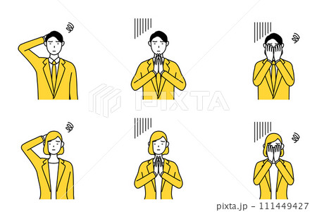 スーツ姿の男性と女性のシンプルな線画イラスト、困る表情とポーズのセット 111449427