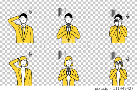 スーツ姿の男性と女性のシンプルな線画イラスト、困る表情とポーズのセット 111449427