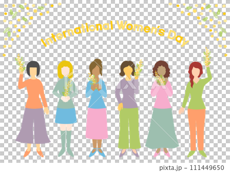International women's day illustration with mimosa flowers and women International women's day illustration with mimosa flowers and women 111449650