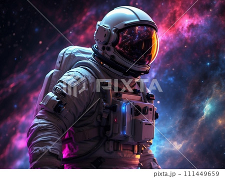 幻想的な宇宙空間に佇む宇宙飛行士のシルエット 111449659