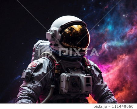 幻想的な宇宙空間に佇む宇宙飛行士のシルエット 111449660