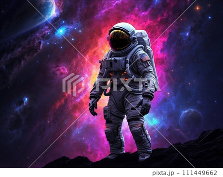 幻想的な宇宙空間に佇む宇宙飛行士のシルエット 111449662