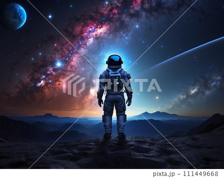 幻想的な宇宙空間に佇む宇宙飛行士のシルエット 111449668