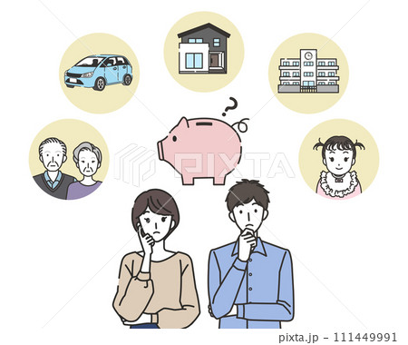 貯金の目的を考える男性と女性 111449991