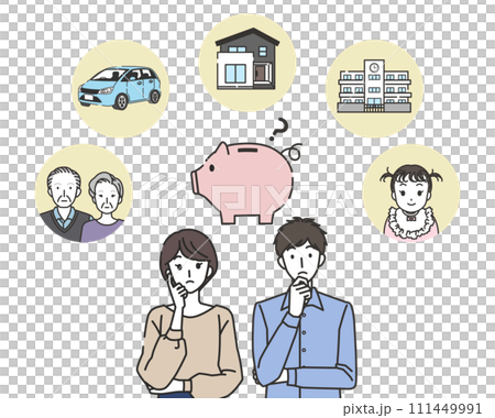 貯金の目的を考える男性と女性 111449991
