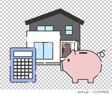 家と貯金箱と電卓のイラスト 111449992
