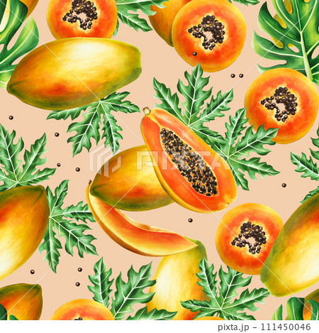Marker seamless pattern with sweet ripe slice of papaya with grains, tropical leafs, monstera, ficus in watercolor style. Hand drawn realistic tasty organic illustration of exotic tropical fruit 111450046