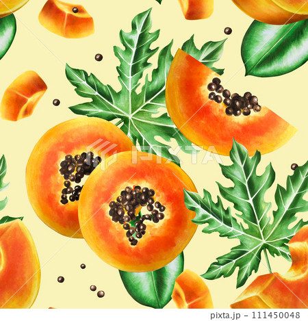 Marker seamless pattern with sweet ripe slice of papaya with grains, tropical leafs, ficus in watercolor style. Hand drawn realistic tasty organic illustration of exotic tropical fruit isolated on 111450048